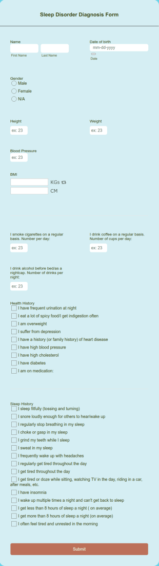Sleep Disorder Diagnosis Form Template