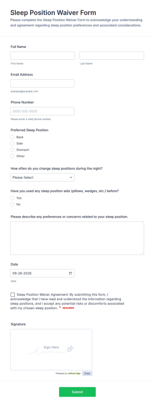 Sleep Position Waiver Form Template