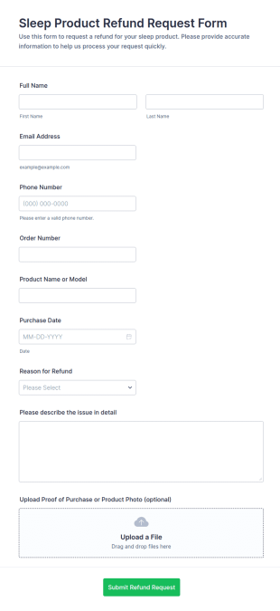 Sleep Product Refund Request Form Template
