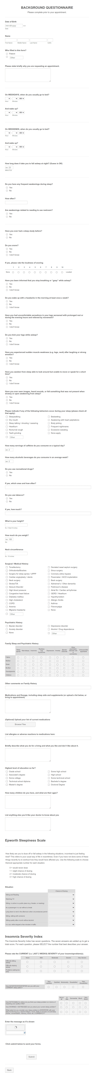 Sleep Study Questionnaire Form Template