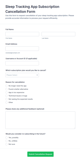 Sleep Tracking App Subscription Cancellation Form Template