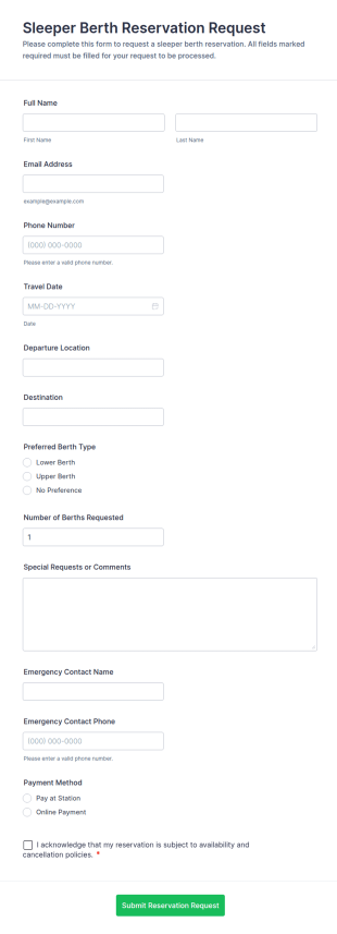 Sleeper Berth Reservation Request Form Template