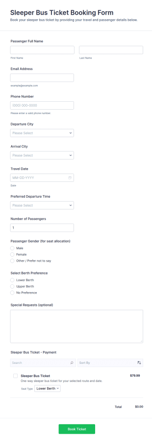Sleeper Bus Ticket Booking Form Template