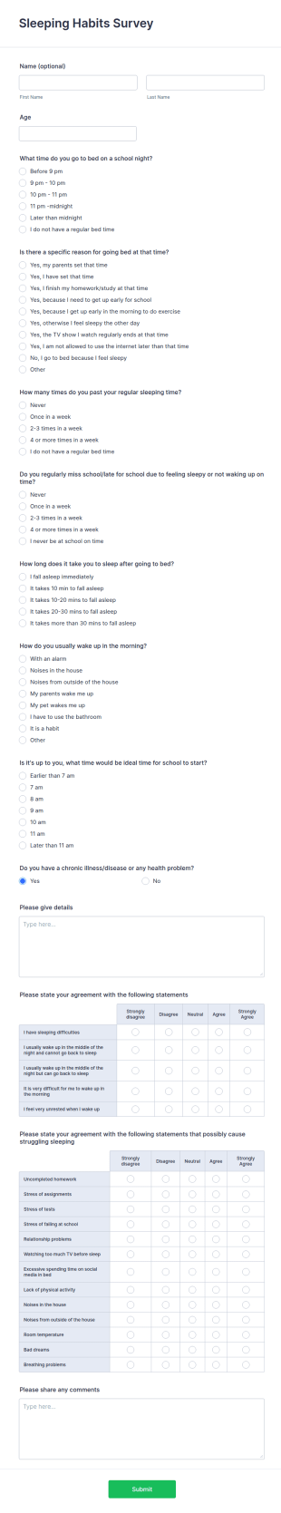 Sleeping Habits Survey Form Template