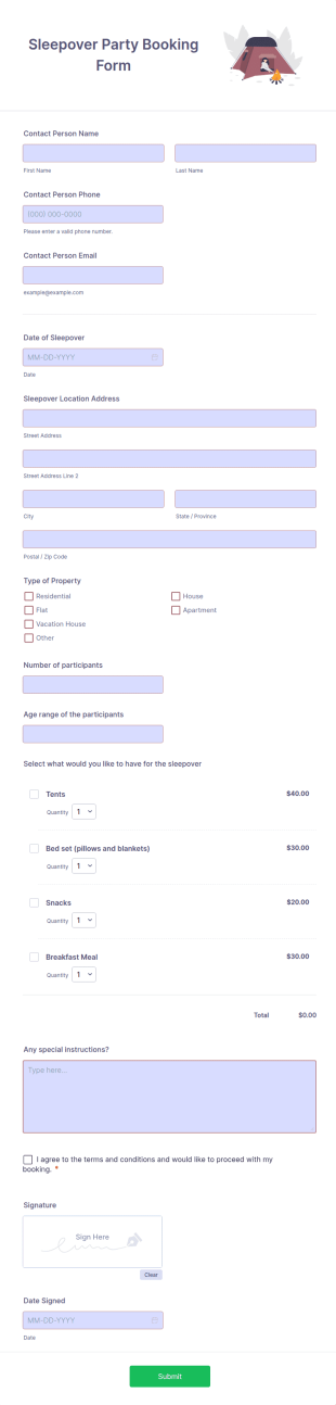 Sleepover Party Booking Form Template
