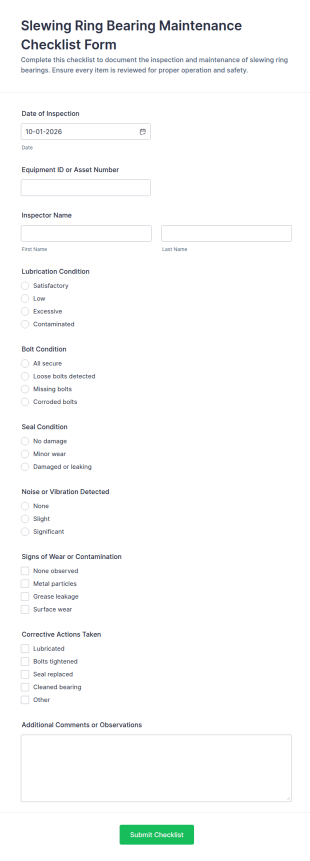 Slewing Ring Bearing Maintenance Checklist Form Template