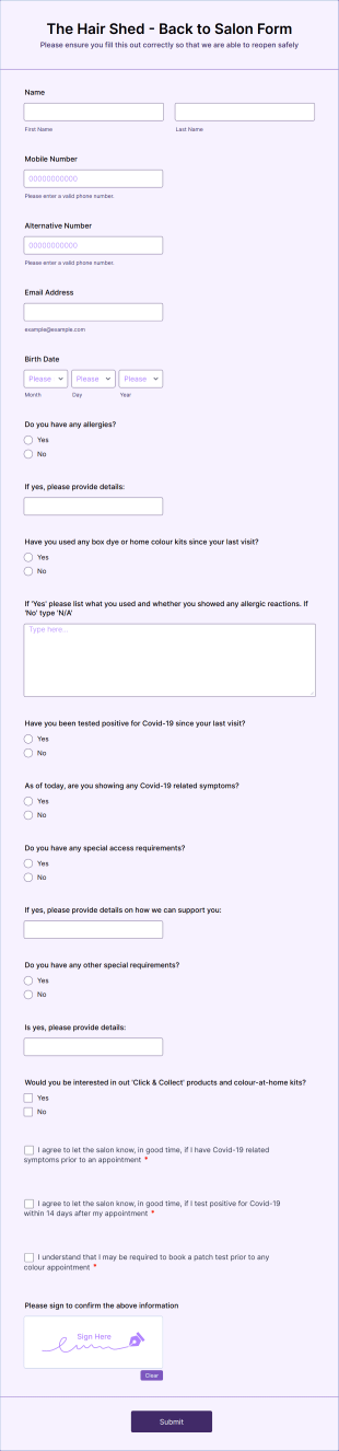 Slick's Back To Salon Form Template