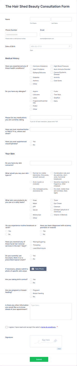 Slick's Beauty Consultation Form (template) Form Template