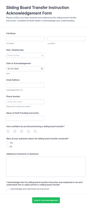 Sliding Board Transfer Instruction Acknowledgement Form Template