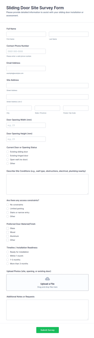 Sliding Door Site Survey Form Template