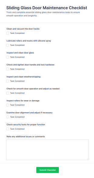 Sliding Glass Door Maintenance Checklist Form Template