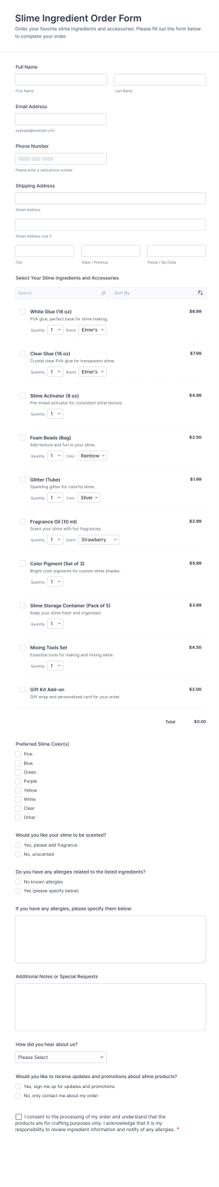 Slime Ingredient Order Form Template