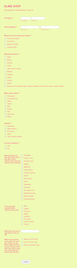 Slime Shop Form Template
