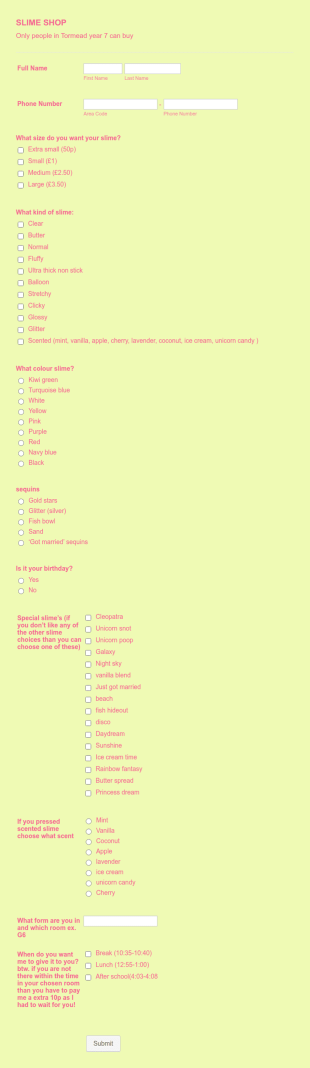 Slime Shop Form Template