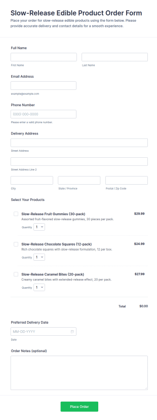 Slow Release Edible Product Order Form Template