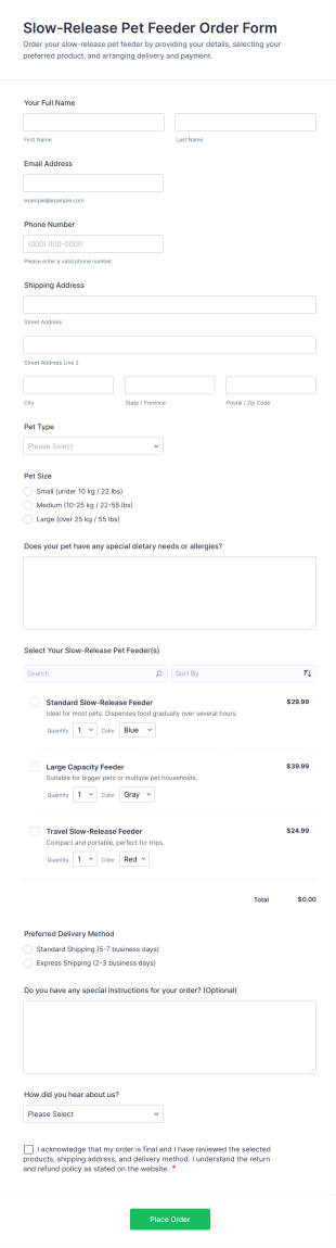 Slow Release Pet Feeder Order Form Template
