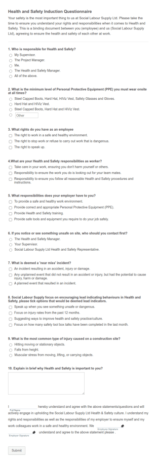 Health And Safety Induction Questionnaire Form Template