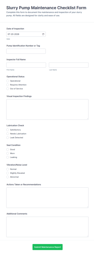 Slurry Pump Maintenance Checklist Form Template