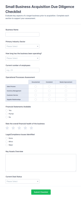 Small Business Acquisition Due Diligence Checklist Form Template