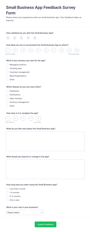 Small Business App Feedback Survey Form Template