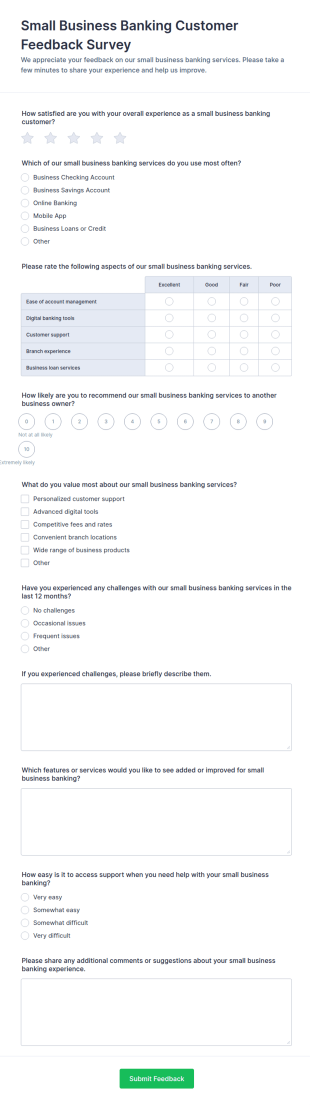 Small Business Banking Customer Feedback Survey Form Template