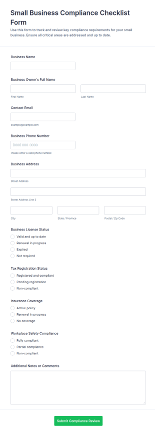 Small Business Compliance Checklist Form Template