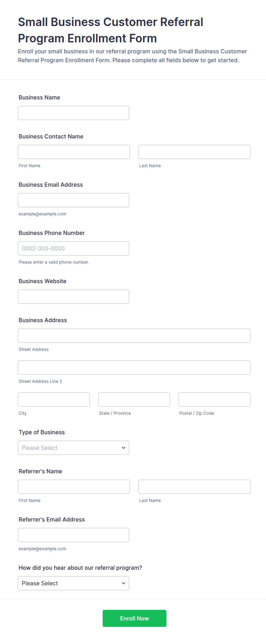 Small Business Customer Referral Program Enrollment Form Template | Jotform