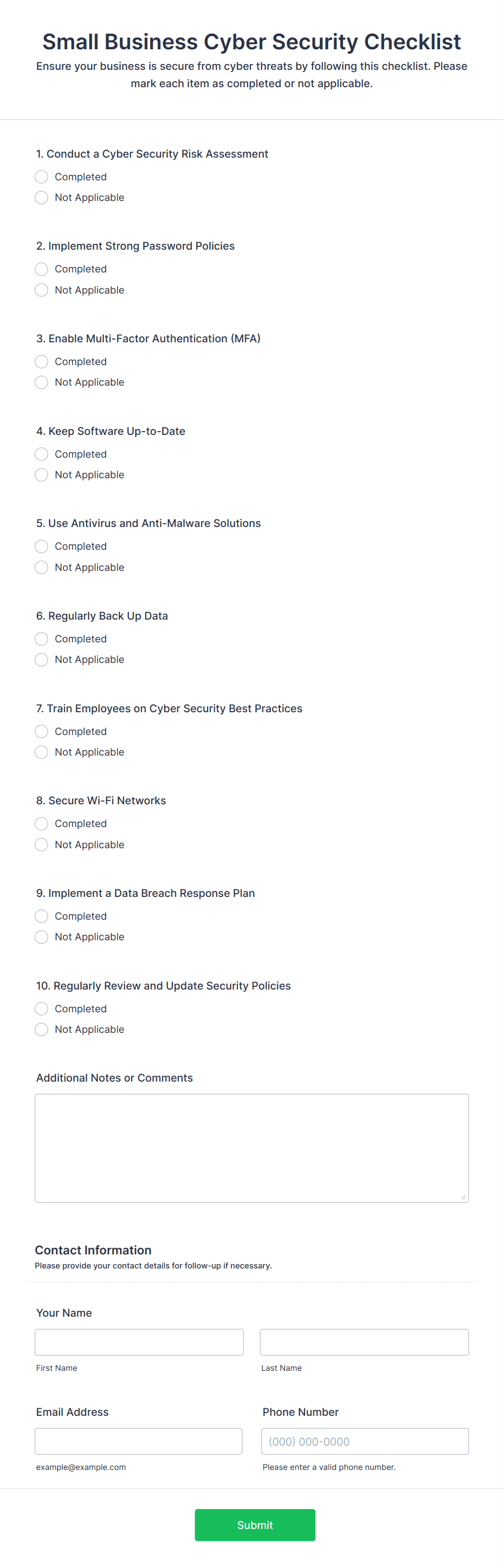 Small Business Cyber Security Checklist Form Template | Jotform