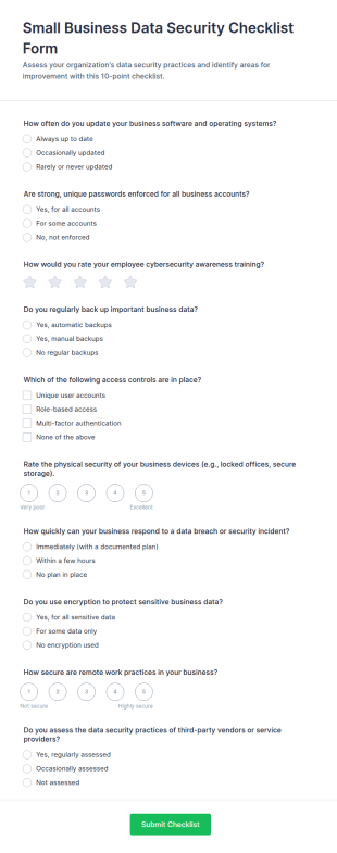 Small Business Data Security Checklist Form Template