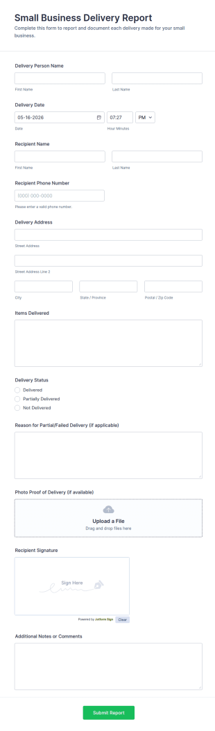 Small Business Delivery Report Form Template