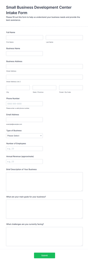 Small Business Development Center Intake Form Form Template