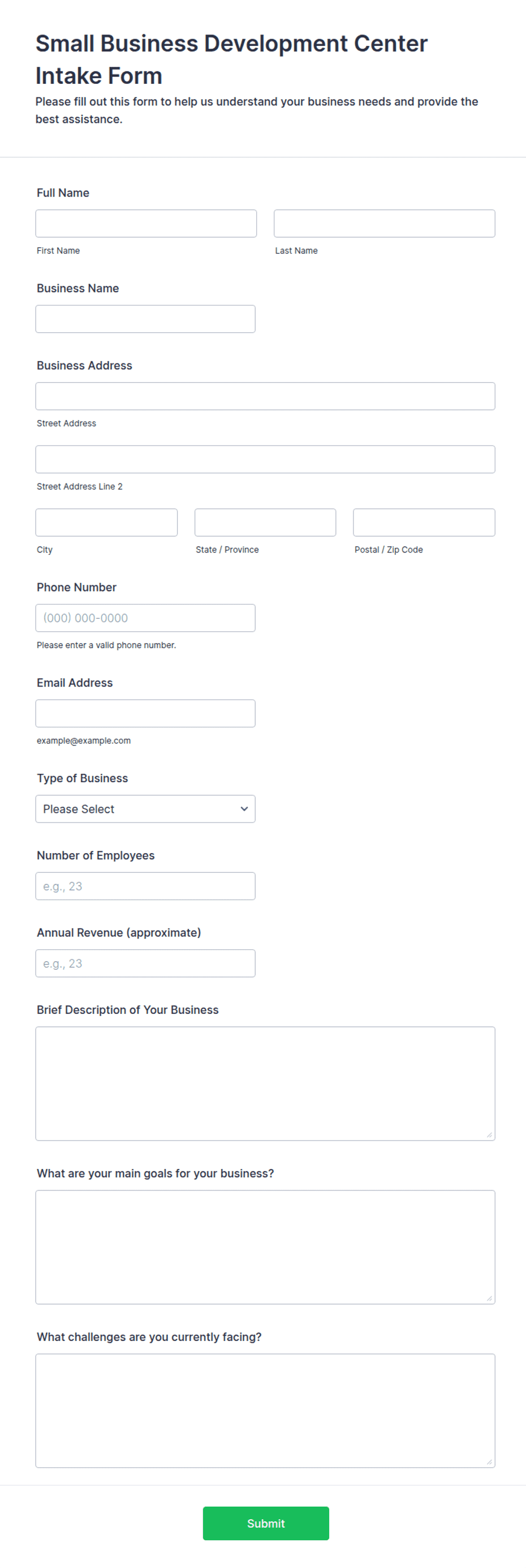 Small Business Development Center Intake Form Template | Jotform