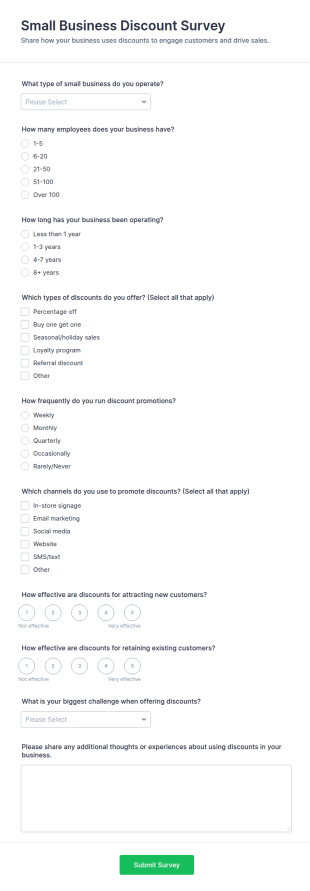 Small Business Discount Survey Form Template