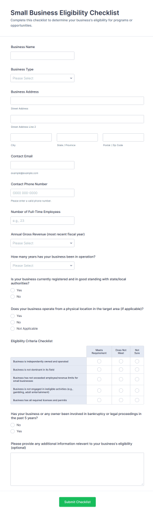 Small Business Eligibility Checklist Form Template