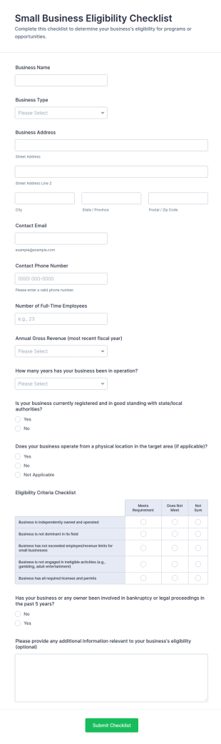 Small Business Eligibility Checklist Form Template
