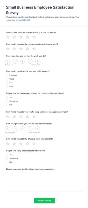 Small Business Employee Satisfaction Survey Form Template