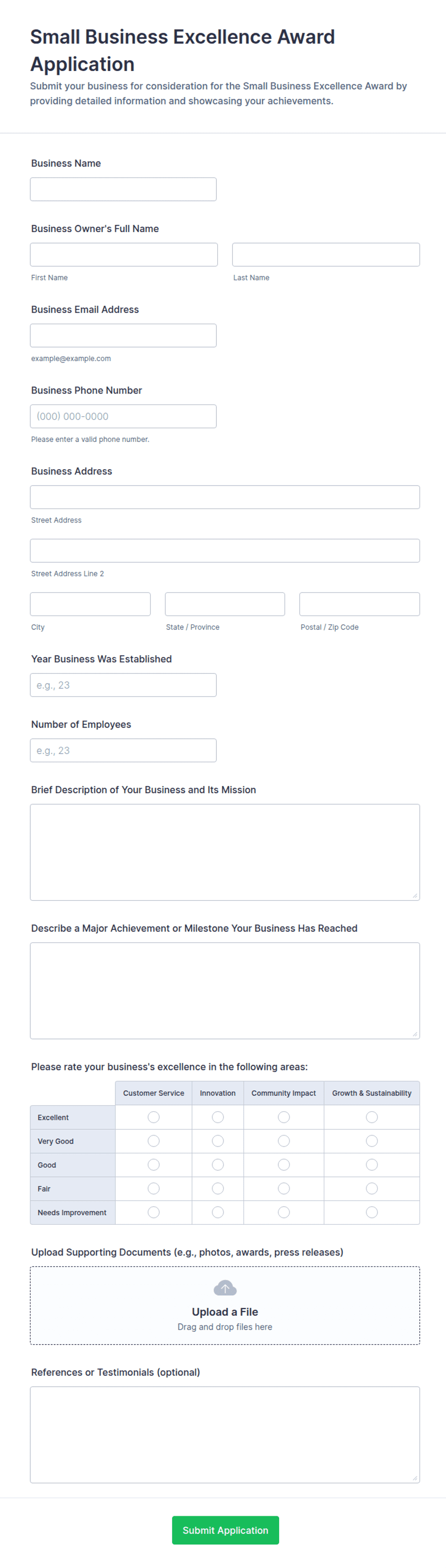 Small Business Excellence Award Application Form Template | Jotform