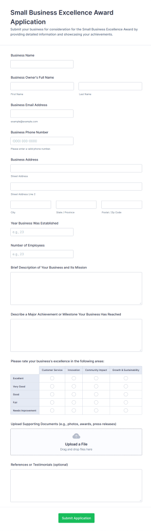 Small Business Excellence Award Application Form Template
