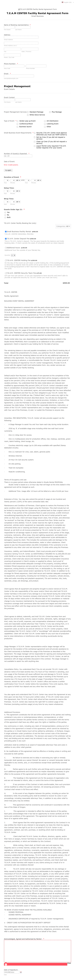 Small Business Facility Rental Agreement Form Template