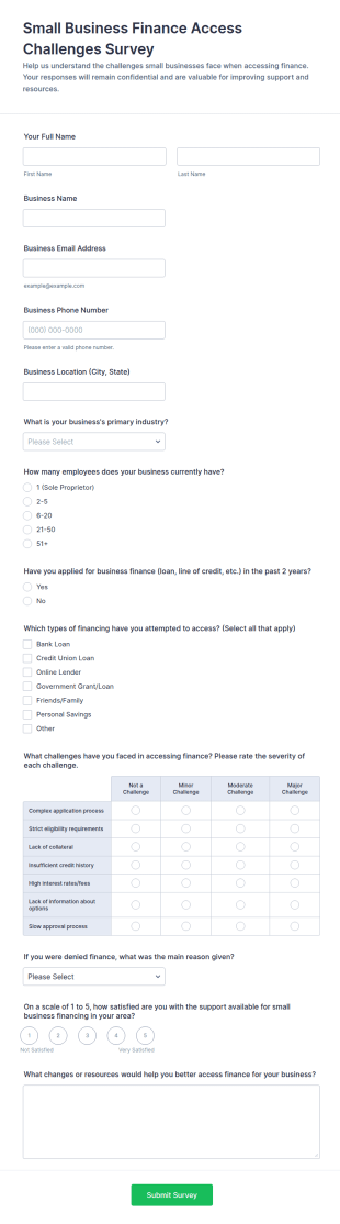 Small Business Finance Access Challenges Survey Form Template