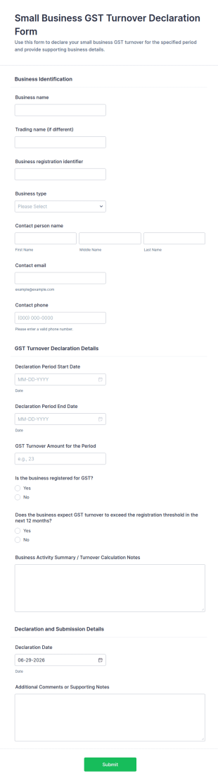 Small Business GST Turnover Declaration Form Template