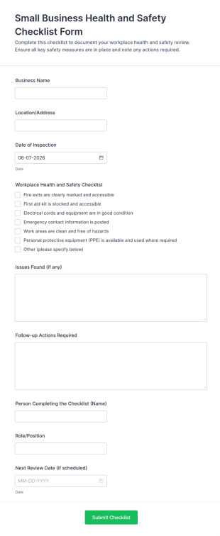 Small Business Health And Safety Checklist Form Template