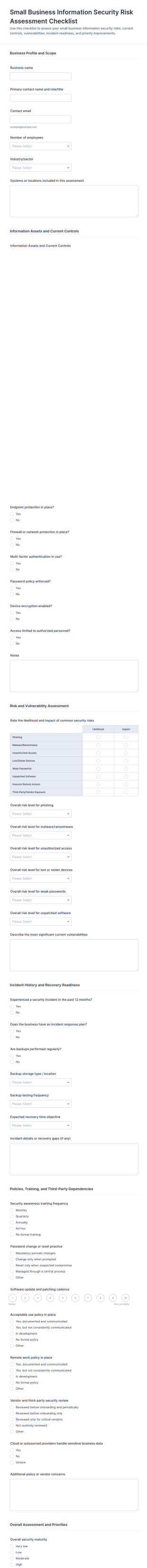 Small Business Information Security Risk Assessment Checklist Form Template