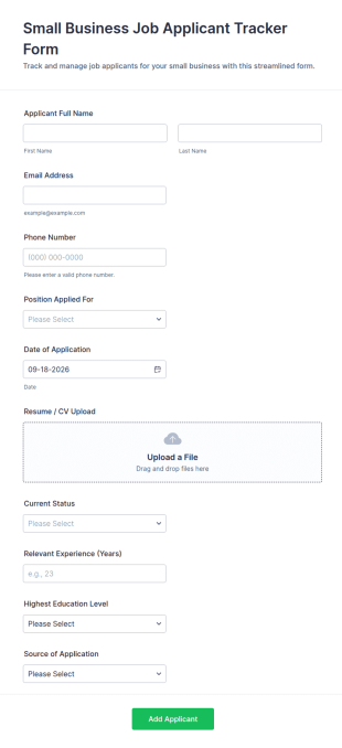 Small Business Job Applicant Tracker Form Template