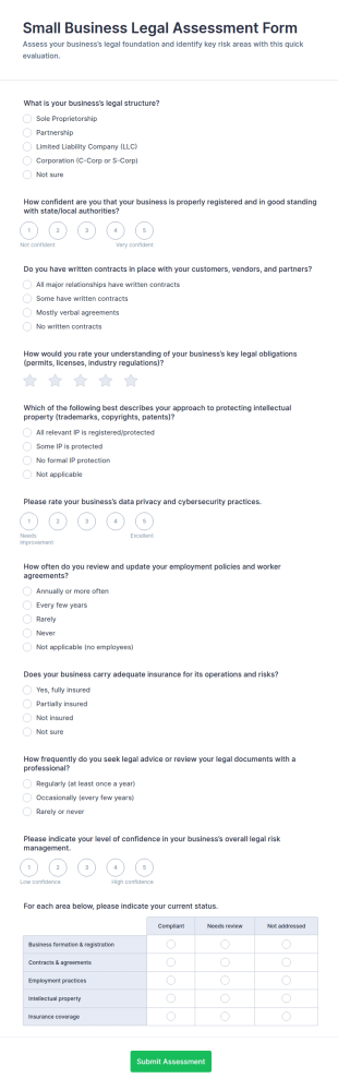 Small Business Legal Assessment Form Template