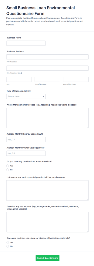 Small Business Loan Environmental Questionnaire Form Template