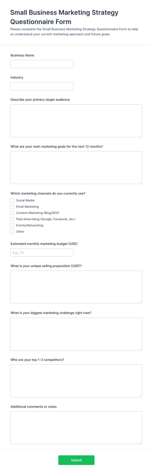 Small Business Marketing Strategy Questionnaire Form Template
