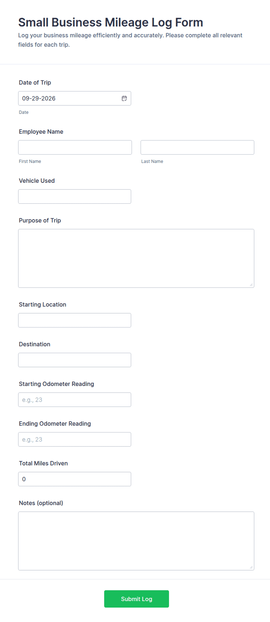 Small Business Mileage Log Form Template | Jotform