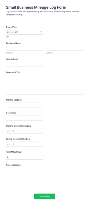 Small Business Mileage Log Form Template