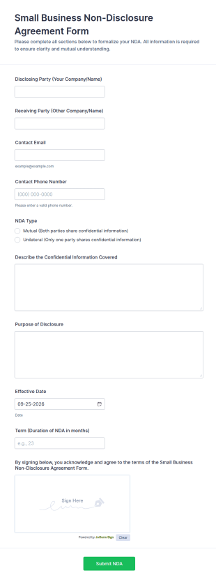 Small Business Non Disclosure Agreement Form Template
